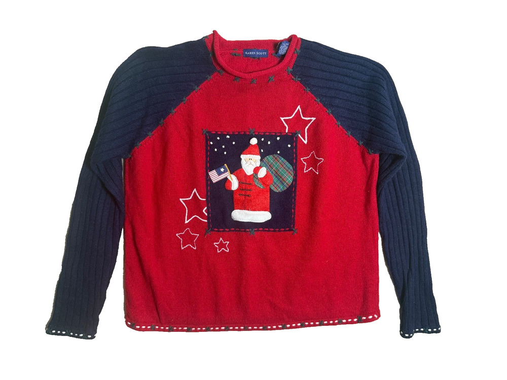Christmas Sweater American Santa Ramie Wool Flag USA Sz Large Karen Scott Vtg